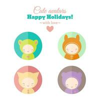 A set of round icons with children in animal costumes and winter outwear in flat vector