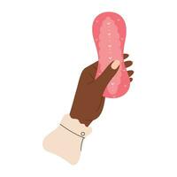 African black female hand holds daily pad for girls period. Hygiene care in period vector