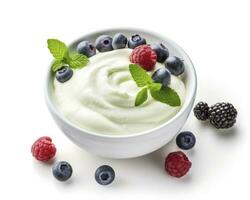 AI generated Green bowl of greek yogurt and fresh berries isolated on white background. AI Generated photo