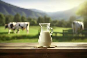 AI generated Glass pitcher with fresh milk on a wooden table. AI Generated photo