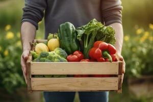 AI generated Farmer man holding wooden box full of fresh raw vegetables. AI Generated photo