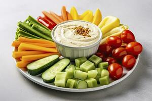 AI generated Crop shot of plate with colorful healthy sliced vegetables. AI Generated photo