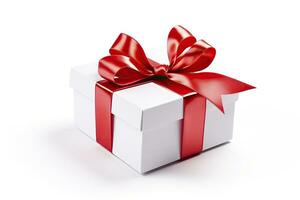 AI generated Gift box with red ribbon isolated on white background. AI Generated photo