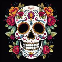 AI generated Mexican roses skull. Mexican roses skull. Dia de los muertos shugar colorful head. AI Generated photo