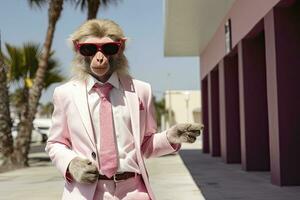 ai generado un mono es vistiendo Gafas de sol, traje y en pie en calle. ai generado foto