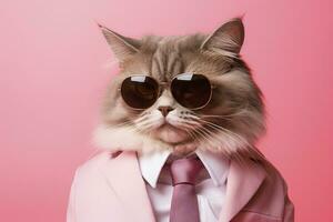 ai generado un gato es vistiendo Gafas de sol y traje en rosado antecedentes. ai generado foto