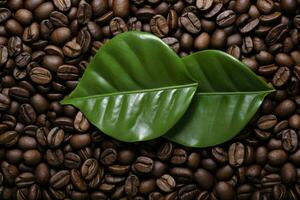 AI generated Green leaves with coffee beans as background. AI Generated photo