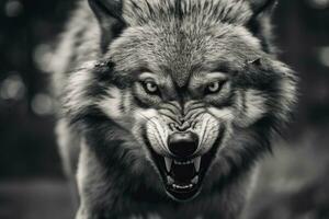 AI generated Greyscale closeup shot of an angry wolf with a blurred background. AI Generated photo