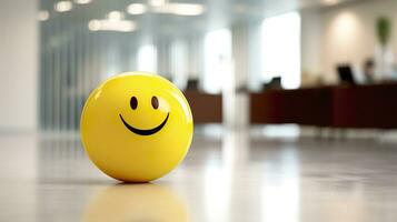 ai generado un amarillo sonriente pelota lata promover un positivo trabajo ambiente. generativo ai foto