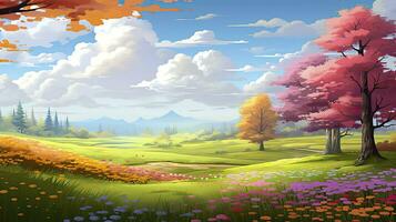 AI generated Spring season with colorful flowers and trees in a pretty meadow or field. AI Generated. photo