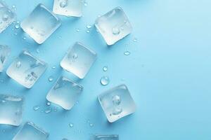 AI generated Cubes of ice and drops are isolated on the blue background with empty space. AI Generated photo