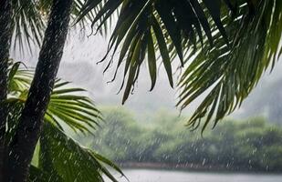 ai generado lluvia en el zona tropical durante el bajo temporada o monzón estación. gotas de lluvia en un jardín. generativo ai foto