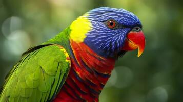 ai generado lado ver de cerca de hermosa y vistoso lorikeet verde nuca pájaro. generativo ai foto