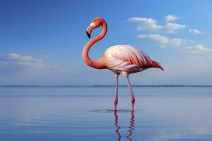 AI generated Pink Flamingo in the water. AI Generated photo