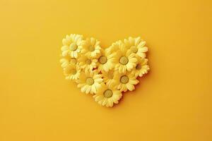 AI generated Yellow Heart Shaped By Yellow Daisies Over Yellow Background. AI Generated photo