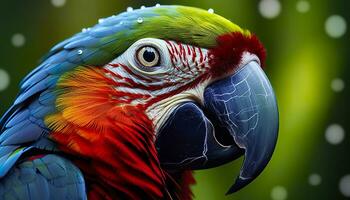 ai generado tropical guacamayo encaramado, vibrante plumas en enfocar. generativo ai foto