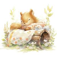 AI generated A sleepy baby squirrel in a bedding. watercolor illustration. AI Generated photo