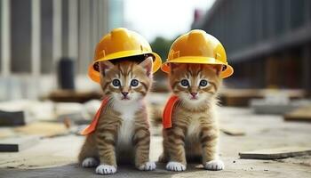 ai generado dos gatitos vistiendo difícil sombreros en un construcción sitio. generativo ai foto