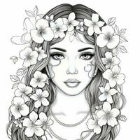 AI generated A girl on a coloring book page with Jasmine flowers. AI Generated photo