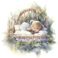 AI generated A sleepy baby bear in a bedding. watercolor illustration. AI Generated photo