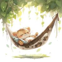 AI generated A sleepy baby leopard in a hammock. watercolor illustration. AI Generated photo