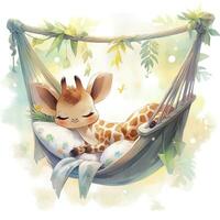 AI generated A sleepy baby giraffe in a hammock. watercolor illustration. AI Generated photo