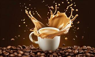 AI generated hot liquid coffee splash with Coffee Bean falling, 3d illustration. AI Generated photo