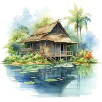 AI generated A watercolored bright serene image of a traditional bahay kubo. AI Generated photo