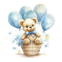 AI generated A watercolor baby teddy bear is sitting in the basket with blue and gold balloons. AI Generated photo