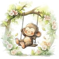 AI generated Cute happy baby monkey on swings on a tree in watercolor. AI Generated photo