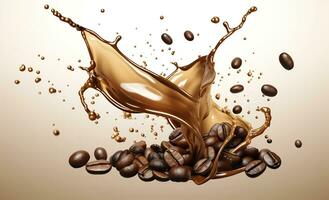 ai generado caliente líquido café chapoteo con café frijol descendente, 3d ilustración. ai generado foto