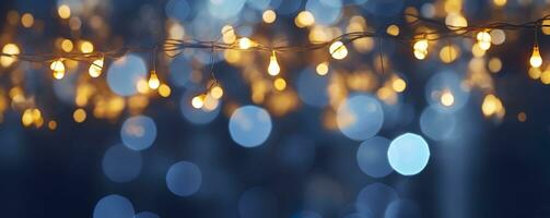 AI generated holiday illumination and decoration concept, Christmas garland bokeh lights over dark blue background. AI Generated photo