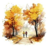 AI generated Watercolor autumn landscape with a couple walking. AI Generated photo