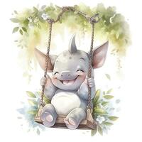 AI generated Cute happy baby rhino on swings in the tree in watercolor style. AI Generated photo