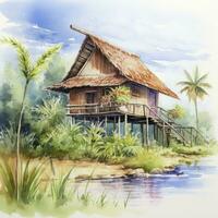 AI generated A watercolored bright serene image of a traditional bahay kubo. AI Generated photo