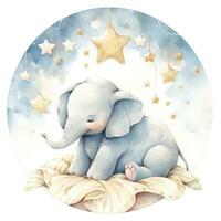 AI generated An elephant on a bed with stars and blankets around the circle. AI Generated photo