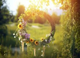 AI generated Rustic wildflowers wreath on a sunny meadow. Summer Solstice Day, Midsummer concept. Generative AI photo