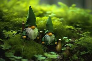 AI generated Toy Irish gnomes in a mystery forest, abstract green natural background. Generative AI photo