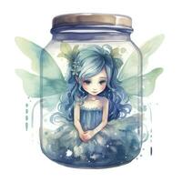 AI generated Watercolor Fantasy Pastel Goth Tiny Fairy in a Jar. AI Generated photo