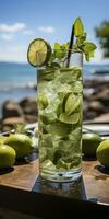 AI generated Stunning photo of cocktail mojito, a sunny summer beach in the background. Generative AI