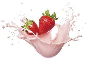 AI generated milk or yogurt splash with strawberries isolated on white background, 3d rendering. AI Generated photo