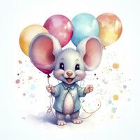 AI generated Watercolor mouse with balloons. AI Generated photo