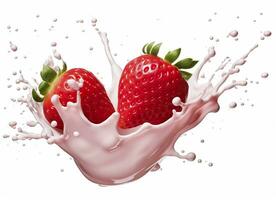 AI generated milk or yogurt splash with strawberries isolated on white background, 3d rendering. AI Generated photo