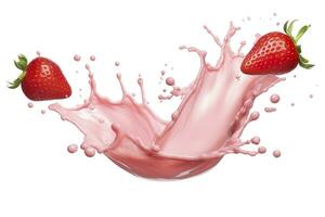 AI generated milk or yogurt splash with strawberries isolated on white background, 3d rendering. AI Generated photo