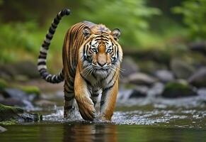 AI generated Amur tiger walking in the water. Dangerous animal.  Animal in a green forest stream. Generative AI photo