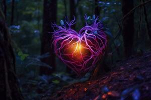 ai generado brillante bioluminiscente planta conformado me gusta un humano corazón, en un misterioso bosque. generativo ai foto