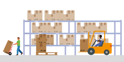 Moving boxes in the warehouse by means of a hydraulic forklift truck. Storage, sorting and delivery. Storage equipment. png