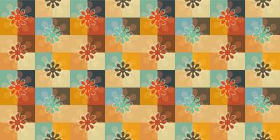 A retro style seamless pattern with a hippie flower aesthetic design and checkered vector background. Print surface for textiles, wrapping, and webs.