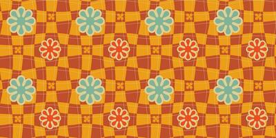 A groovy style seamless pattern with a hippie flower aesthetic design and checkered vector background. Print surface for textiles, wrapping, and webs.