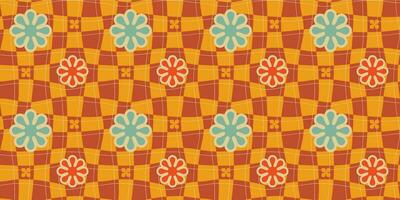 A groovy style seamless pattern with a hippie flower aesthetic design and checkered vector background. Print surface for textiles, wrapping, and webs.